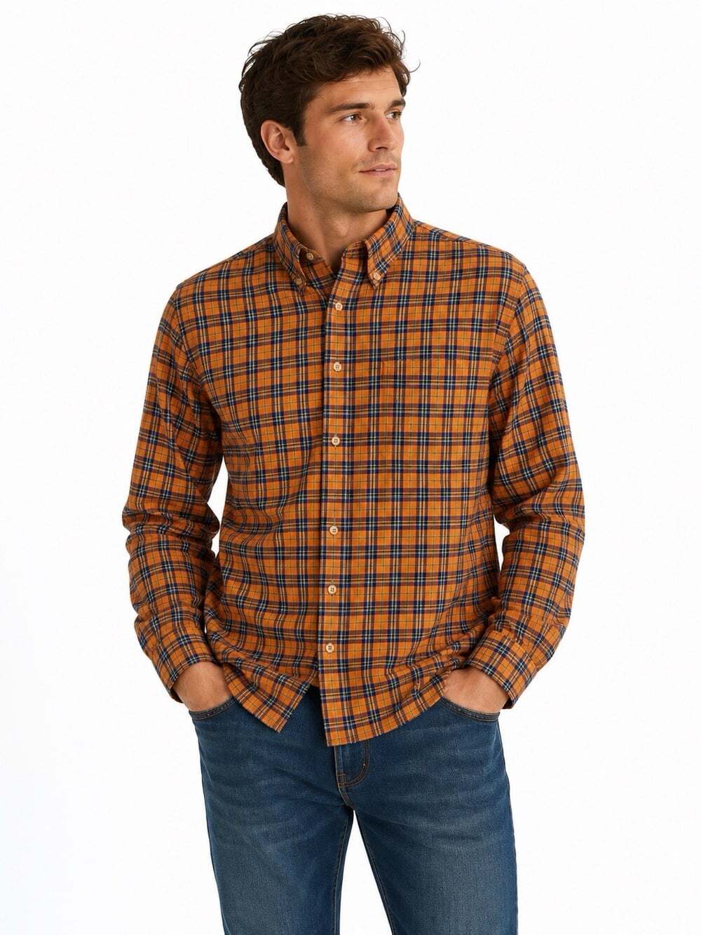 Barbour The Country Shirt Men’s Medium Orange Navy Plaid Button Down Long Sleeve